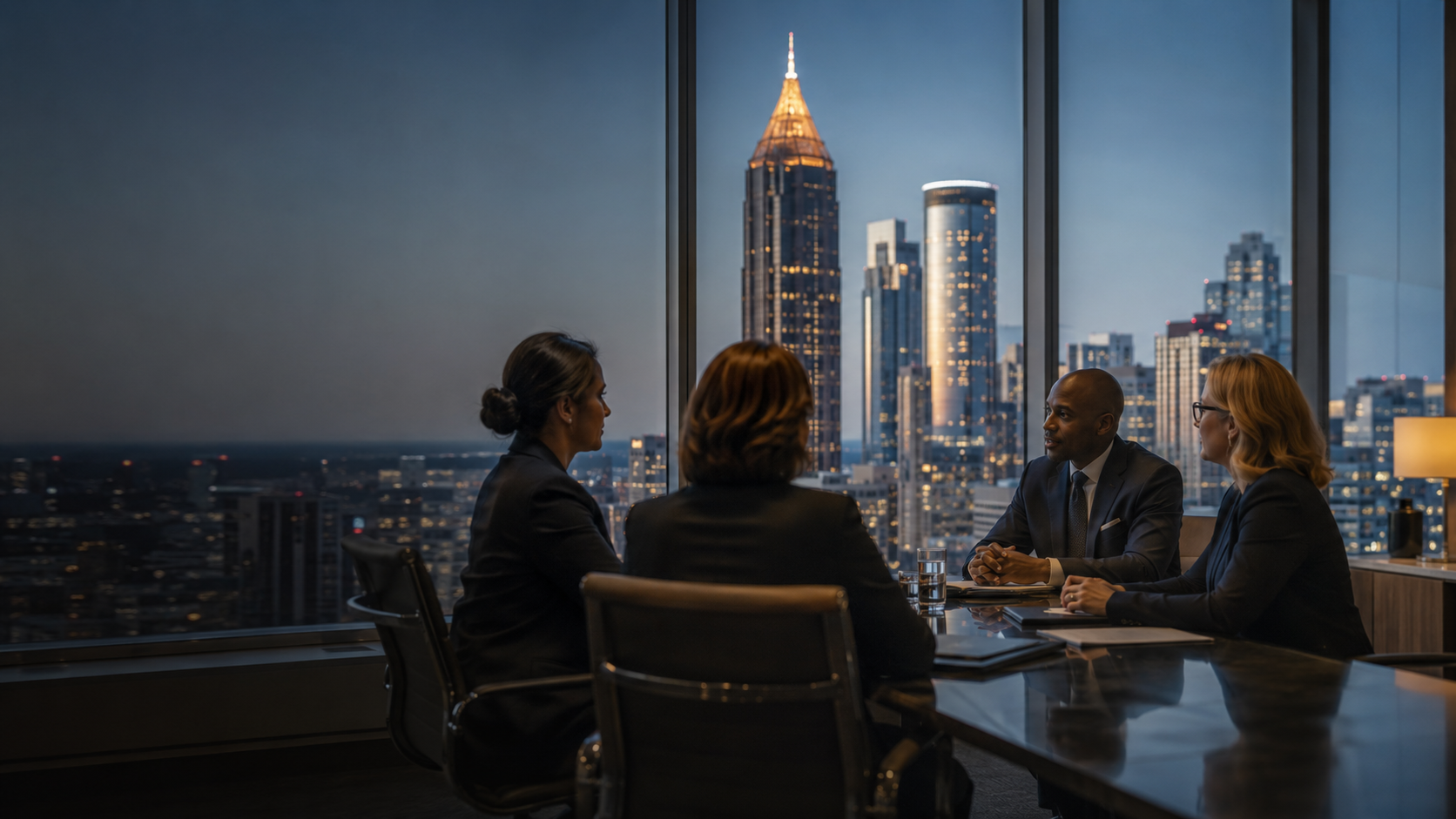 Senior executives in conversation in a boardroom overlooking the Atlanta skyline at dusk