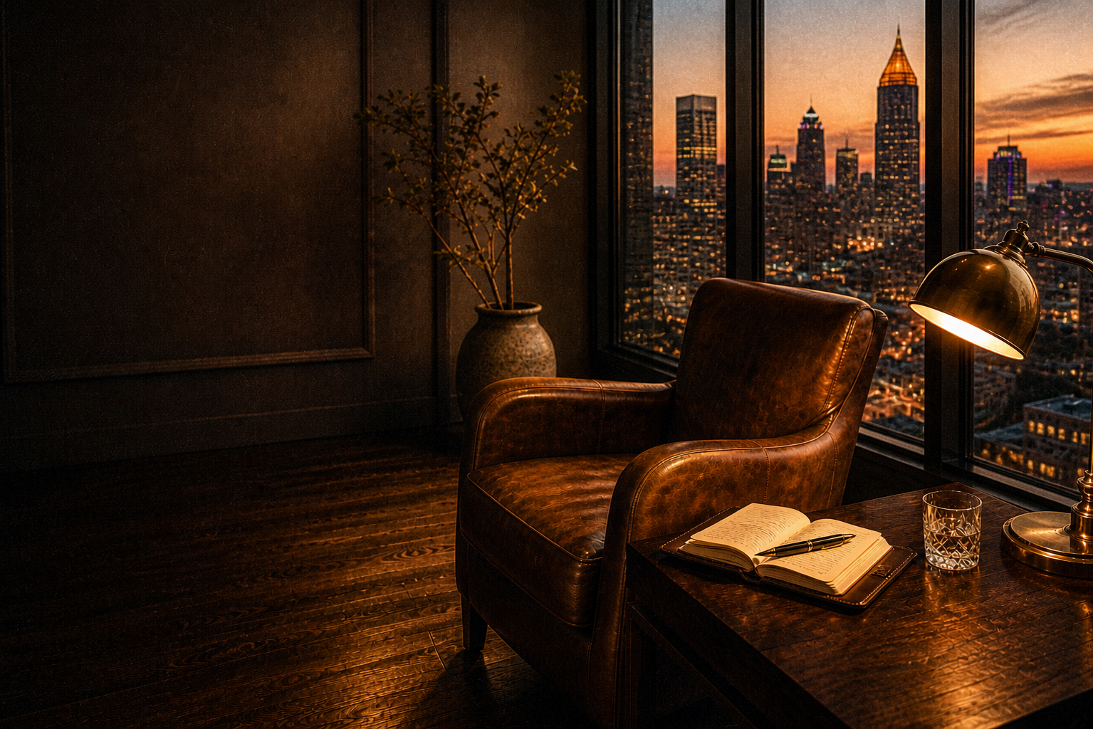 Executive reading nook with leather chair, brass desk lamp, and an open leather-bound notebook beside floor-to-ceiling windows overlooking the Atlanta skyline at dusk