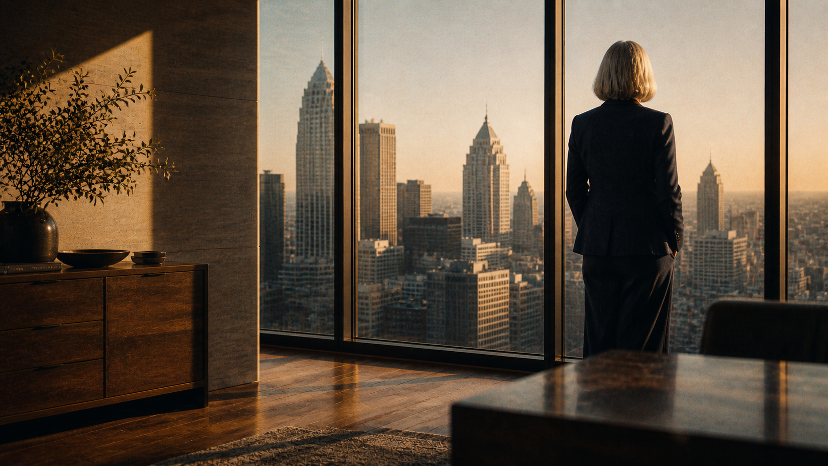Executive at a high-rise office window overlooking the Atlanta skyline at dawn