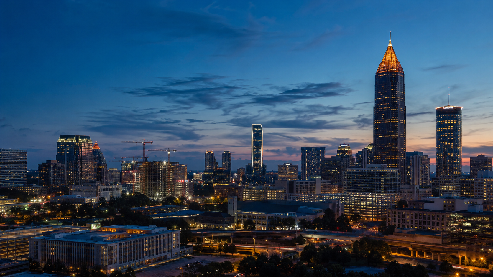 The downtown Atlanta skyline at dusk